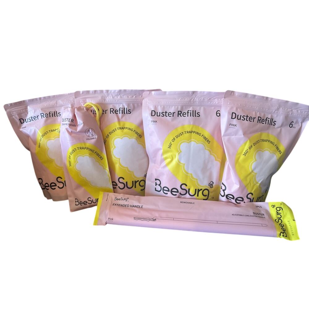 BeeSurg Pink Duster Kit W/Extension Handle & 24 Refills New Sealed